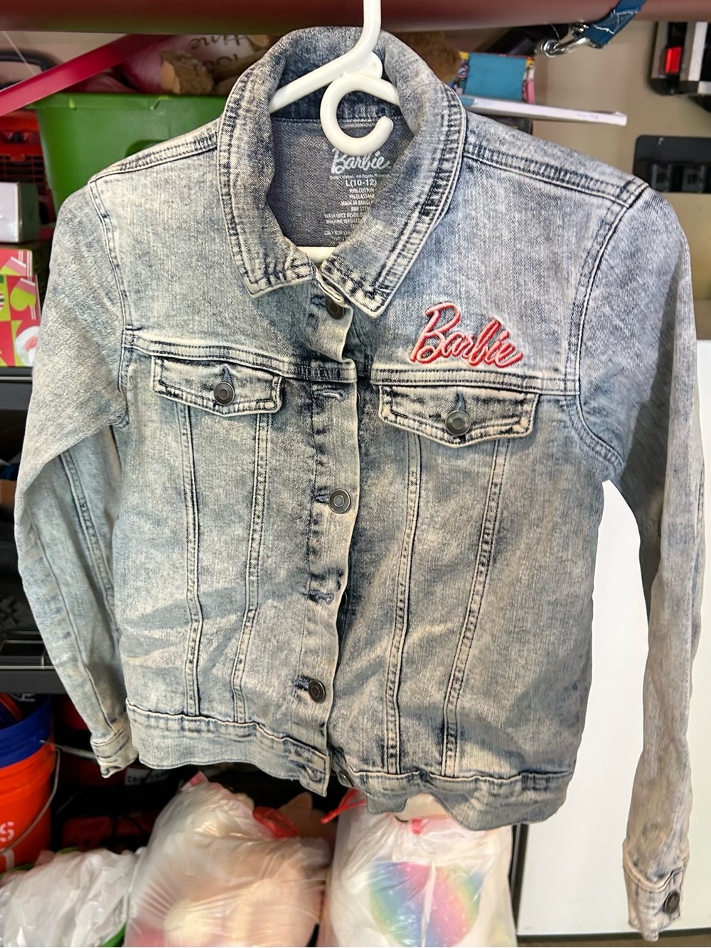 Barbie Light Gray Acid-Wash Denim Jacket with Pink Logo